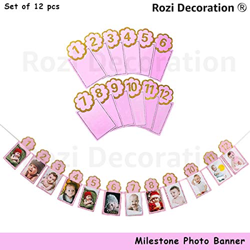 Image of Rozi Decoration 1 to 12 Months Baby Banner with Front Side Photo Space & Sweet Memory Photo Props, Milestone Banner for 1st Birthday (Pink)