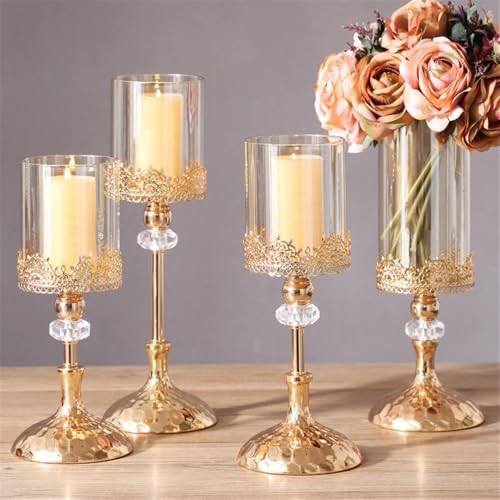 Portavelas para candelabros, candelabro de cristal de metal dorado para decoración del hogar, mesa de comedor, adorno para mesa de comedor (grande)