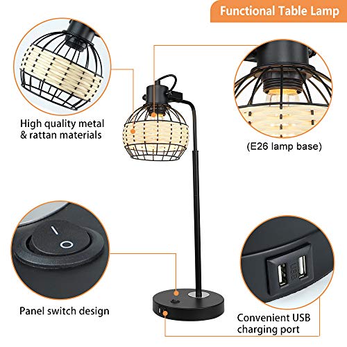 Dllt Industrial Black Table Lamp, 2 Usb Ports Adjustable Head Desk Lamp, Modern Metal Nightstand Lamp With Rattan Shade, Usb Bedside Lamps For Living Room Bedroom Office, E26 Bulb Included #TOP4
