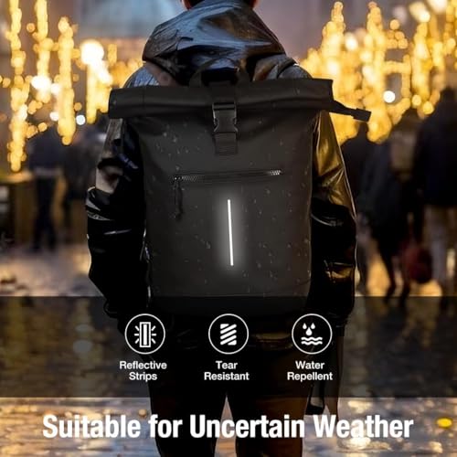 Lekeinchi Rolltop Rucksack Wasserdicht für Damen & Herren, Großer Laptop Rucksack mit Computerfach für 17 Zoll Laptop, Elegant Reiserucksack Daypack für Reisen, Radfahren, Uni Schule--Schwarz