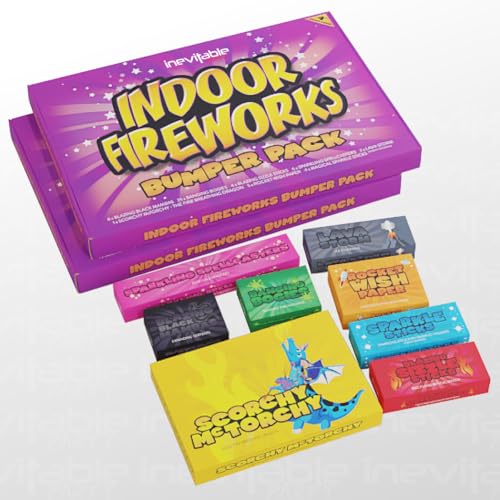 Inevitable Party Indoor Fireworks Selection Pack - A Collection of 8 different Nostalgic Novelty Pyrotechnics - CAT F1 Low Hazard