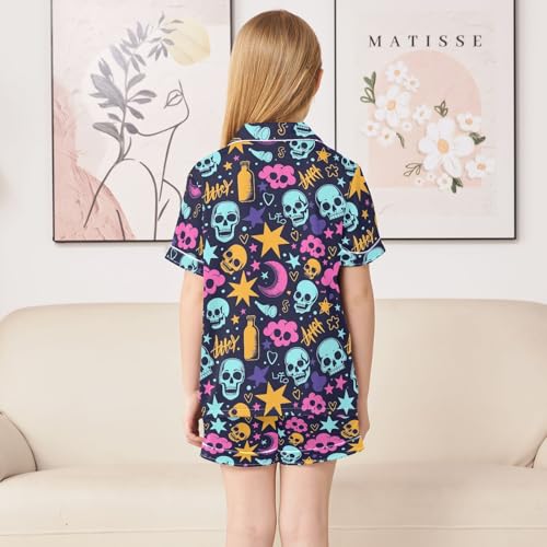 Creative Graffiti Summer Satin Pajama Set, Cute Button-Down Sleepwear Pj Set for Sleep Wears4