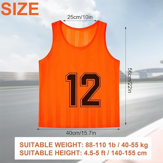 Malloom 24 Stück Fußball Leibchen für Kinde, Grün & Orange Mesh Sport Trainingsleibchen, Wendbare Nummerierte Trainingswesten für Fussball Volleyball Basketball Teamtraining