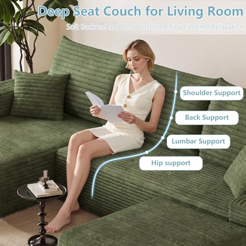 Image of 95 inch Cloud Sectional Couch with Ottoman,Modern U-Shaped Cloud Couch with Deep Seat,Comfy Corduroy Sofa,Memory Foam Sofa for Living Room,No Assembly (Green,Left-Facing Chaise)