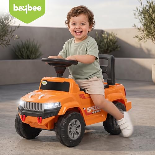 Image of Baybee Speedy Baby Ride on Car for Kids | Portable Kids Car with LED Lights, Music & Storage Basket | Push Toy Cars with High Backrest | Toddler Rideons Jeep for 1 to 3 Years Boys Girls (Orange)