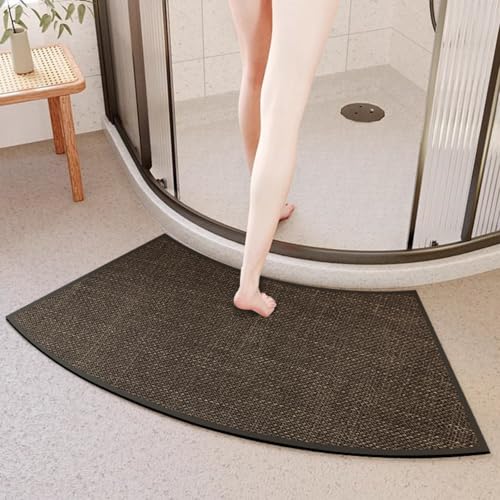 Non-Slip Corner Shower Mats,Semi-Circular Bath Mat, Small Curved Bath Rug, Washable Absorbent Bathroom Rug, Corner Bath Mat Carpet for Circular Shower (Dark Coffee, 16''X29'')