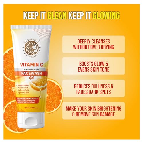 Image of Vitamin C Brightening Facewash Gel with Niacinamide, Salicylic Acid 0.5%, Alpha Arbutin, Azelaic Acid | Infused with kakadu Plum & Centella Asiatica Extract | All Skin Types | Face Wash For Women & Men |100 ml | Anti-Acne /Pimple,Oil Control & Skin Brightening | Glow Up Your Skin