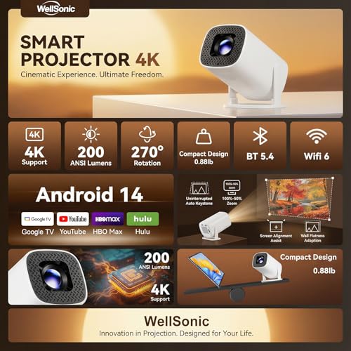Image of Mini Projector with Wifi and Bluetooth, 4K Protable Smart Projector Build-in Android 14, 130 inch Screen Auto Keystone Movie Projector Compatible with HDMI Phone TV Stick for Bedroom Outdoor