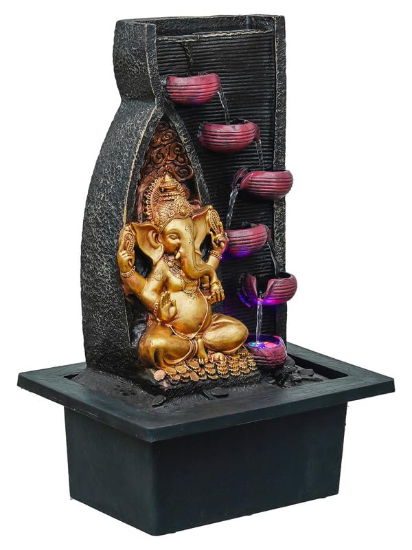 Image of Golden Brown Polyresin Tabletop Ganesha 6 Step Indoor Water Fountain for Home Decor with LED, Speed Control Pump (Size: 37 x 28 x 58 CM | Weight: 3000Gram)