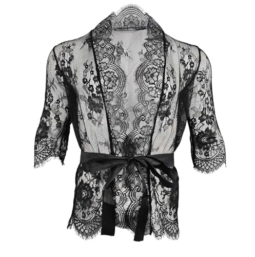 Mens Lace Robe Mesh Sheer Bathrobe Solid Color Long Sleeve Maxi Beach Cover Ups Nightgown4