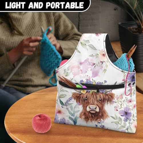 Image of ZUXONGSY Highland Cow Yarn Tote Bags for Crocheting Wildflower Knitting Tote Bag Lightweight Knitting Accessories Crochet Organizers and Storage