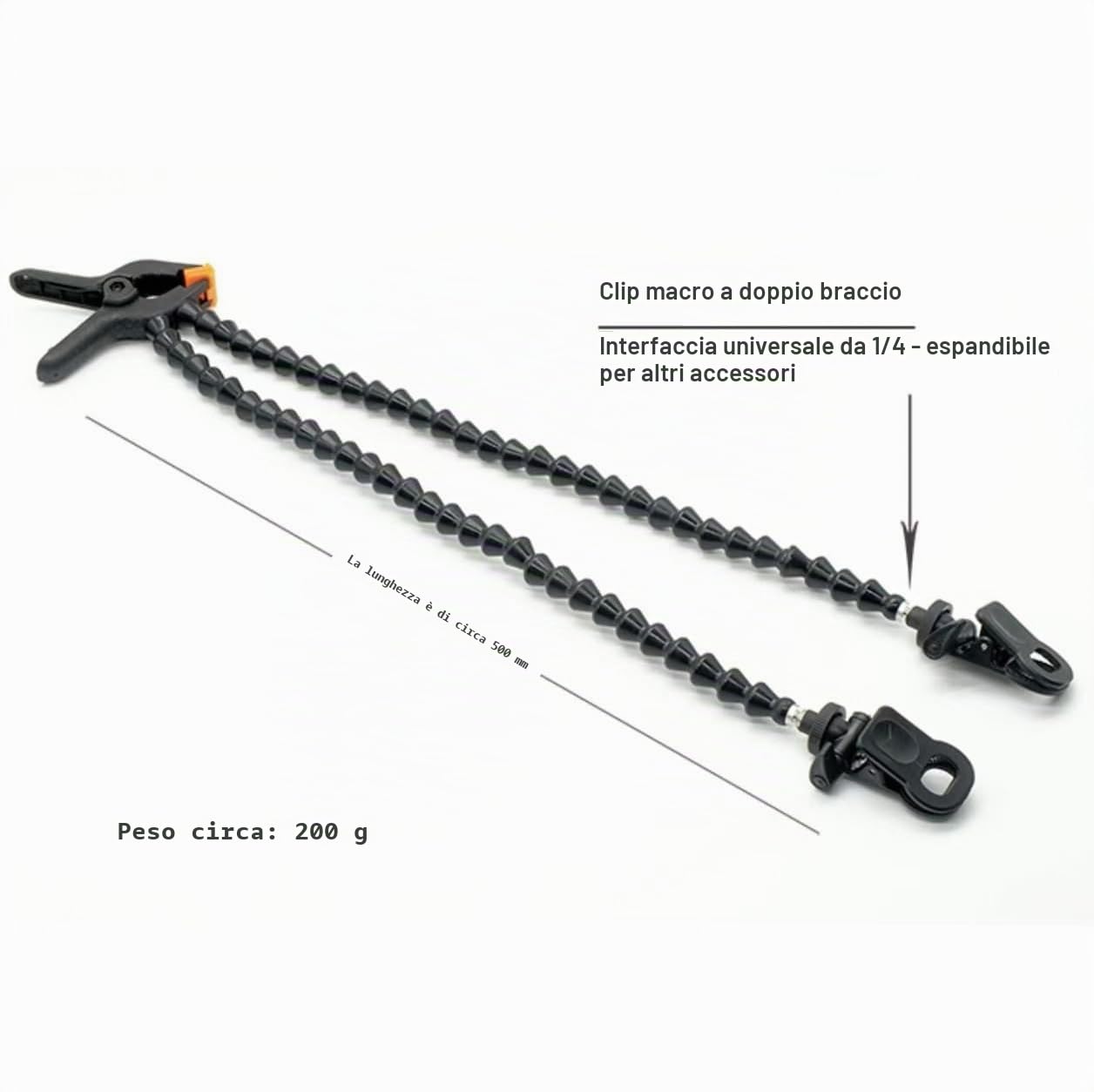 Guage Double Macro - Morsetto macro da 60 cm con clip girevole a 360°, regolabile per insetti, fiori e sfondi (tipo doppio tubo)