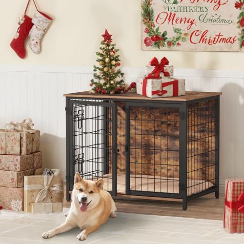 Dog Crate Furniture with Cushion, Wooden Dog Kennel with Double Doors, Heavy Duty Dog Cage for Small/Medium/Large Dogs, Indoor Dog House End Table, 31.5" L, Rustic Brown DCHR0701Z1 - Image 4