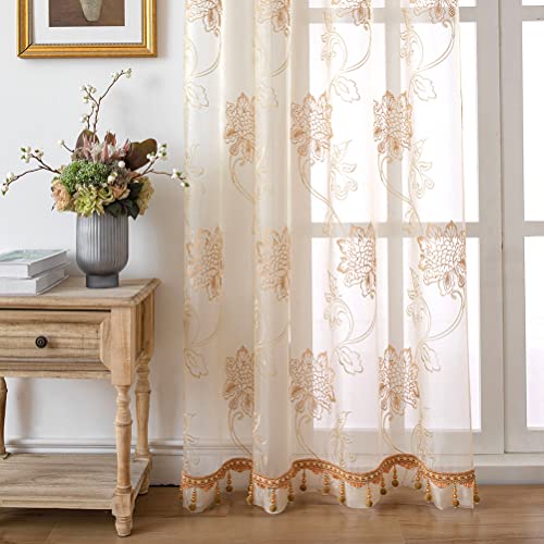 Elkca Floral Embroidered Sheer Curtains With Beads For Bedroom Window Tulle Curtain For Living Room,52Inchx96Inch,Grommet Top,2 Panels #TOP6