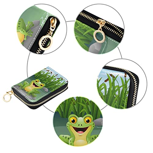 OTVEE Cartoon Frog at Pond RFID Credit Card Holder Case, Microfiber Leather Zipper Card Wallet for Women3