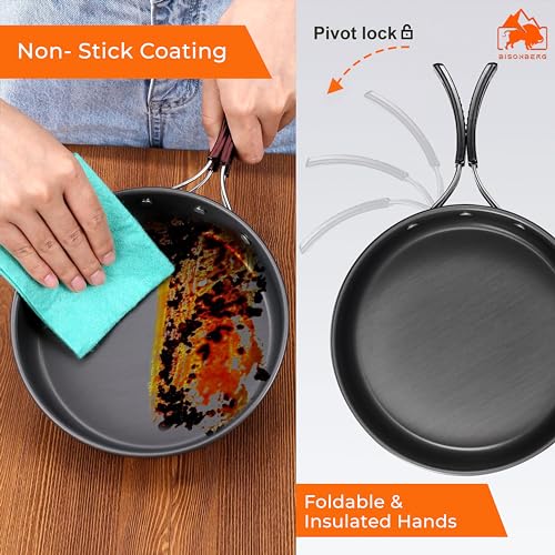 Image of BISONBERG 8 Pcs Camping Cookware Set, Mess Kit, Camping Accessories for Outdoor, Camping Utensils with Carry Bag, Camping Bowl Pot Pan Set - Nonstick Aluminum - for 2 People
