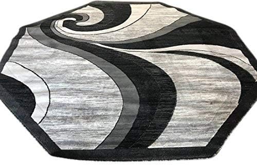 Miniatura 3 de Americana Alfombra moderna octágono contemporánea, gris y negro, gris, diseño abstracto 144 (5 pies 3 pulgadas x 5 pies 3 pulgadas)