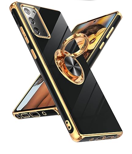 LeYi for Samsung Galaxy Note 20 Case: 360° Rotatable Ring Holder Magnetic Kickstand, Plating Rose Gold Edge for Samsung Galaxy Note 20 Case, Black