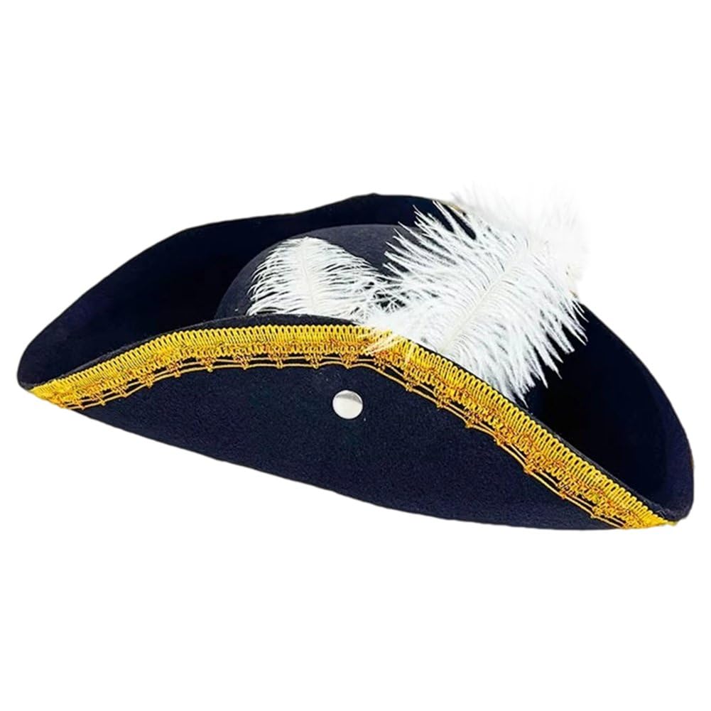 Fituenly Pirate Tricorn Hat Black Colonial -corner Hat with Gold Trimming for Pirate Theme Party Headwear Halloween Cosplay Masquerade