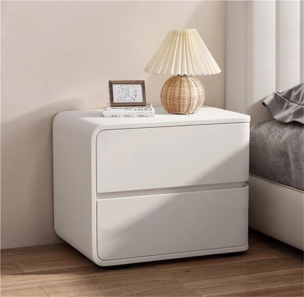 Modern with 2 Drawers, Leather Bedside Table, Solid Wood Frame, Curved Profile Design End Living Room Bedroom Storage Cabinet(White-A,17.7x15.7x18.9in)