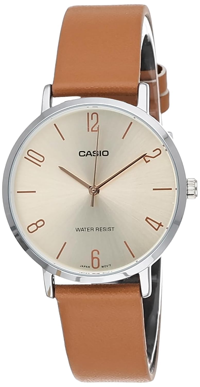 Casio LTP-VT01L-5B Women's Minimalistic Beige Dial Brown Leather Band Analog Watch
