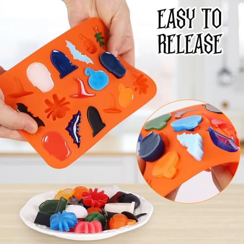 Image of 2 Pack Halloween Silicone Molds, Halloween Chocolate Molds, 3D Spider Skull Pumpkin Bat Mold for DIY Gummies Jello Ice Cube Jelly Chocolate Candy Cakes Decorations (Orange)