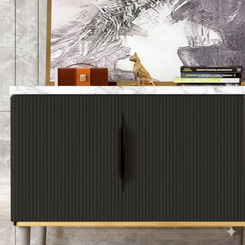 Image of Sonic Console Table, White Marble Top, Charcoal Louvers, Gold Accents, 66 x 15 x 22 Inch, Modern Entryway Storage Cabinet, Waterproof Plywood, PVD-Coated Legs, Elegant TV Unit (Black)