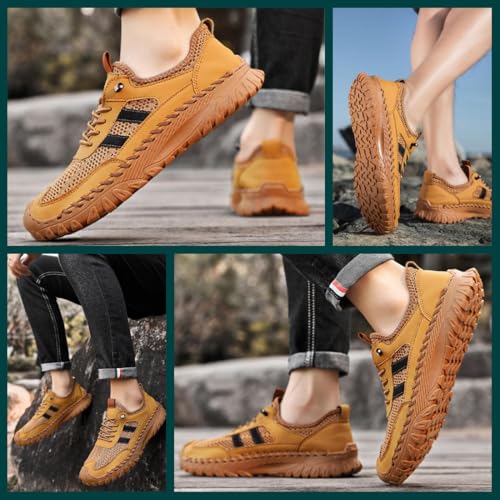 Zenfaze Men's Slip-On Orthopedic Leather Hiking Shoes,Summer Handmade Breathable Outdoor Lightweight Mesh Casual Sneakers2