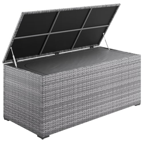 STEELSØN Serion Gartenbox 615 L – XXL Truhe für Gartenauflagen & Kissen wetterfest – Outdoor Box aus Polyrattan für Garten/Balkon/Terrasse – Auflagenbox Grau mit klappbarem Deckel 155x73x61 cm