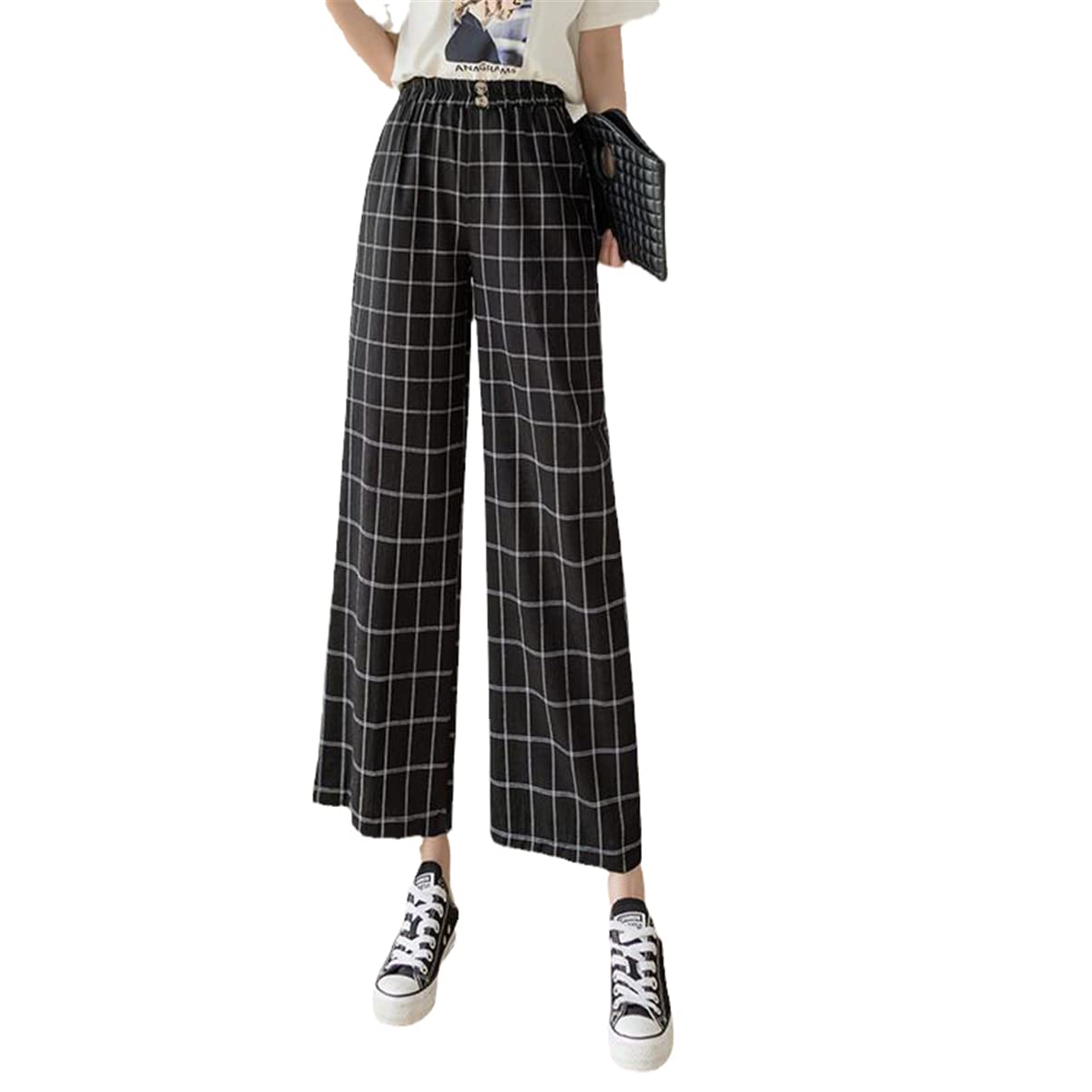 Plus Size Summer Cotton Linen Womens Pants High Waist Button Wide Leg Plaid Pants
