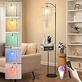 Arc Floor Lamp with Table and Shelves,Crystal Floor Lamps for Living Room,Dimmable Elegant Modern LED Floor Standing Lamp with Remote Control & 10 Colors,Black Adjustable Tall Lamp For Bedroom Corner