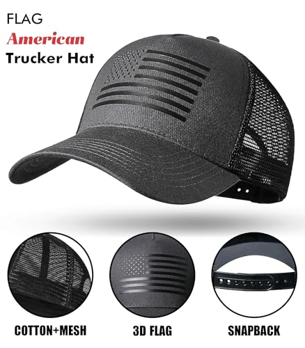 Image of American Flag Trucker Hat,USA Hat for Men Women Snapback Baseball Cap Adjustable Breathable Mesh Side Durable Hats