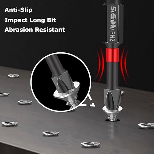 4 Inch Magnetic Impact Phillips Bit #2 Insert Bits Anti-Slip Long Phillips Screwdriver Bits Magnetic Ph2 1/4 Inch Hex Shank Cross Impact Driver Bit With Case For Power Drill (6Pc,100Mm) #TOP6