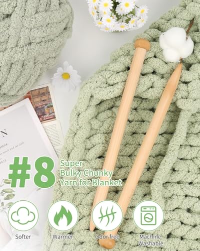 Image of Aeelike Chunky Chenille Yarn for Knitting,Jumbo Blanket Yarn,Green 2PCS | #10 Giant Chenille Yarn,Super Soft Plush Fluffy Warm,Quick Easy Thick for Hand Knitting,28yds /8oz Each Skein, 28yds /8oz Each