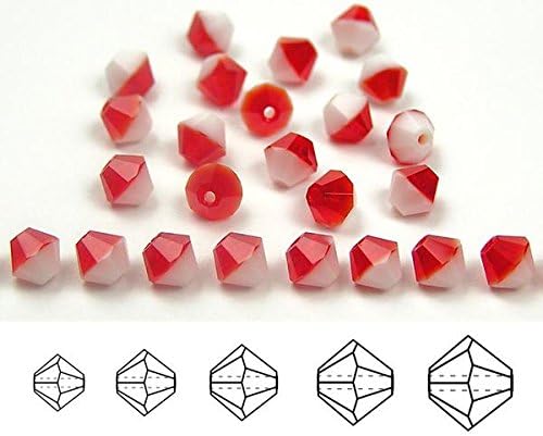 4mm BonBon 2-Tone Red and White, Czech MC Bicone Beads (Rondell, Diamond Shape Crystals), 2.5 Gross = 360 Pieces