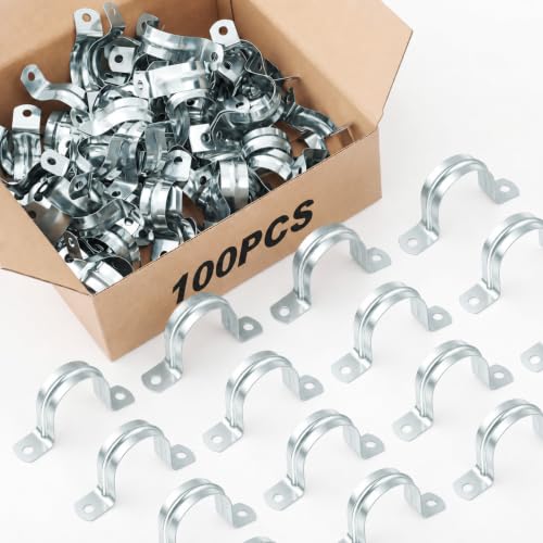 Image of Yaocom 100 Pcs 1 1 /4 inch Opening Pipe Strap Galvanized Steel Conduit Clamp Reinforced Rigid 2 Hole U Bracket for Pipe Fixing on Various Surfaces