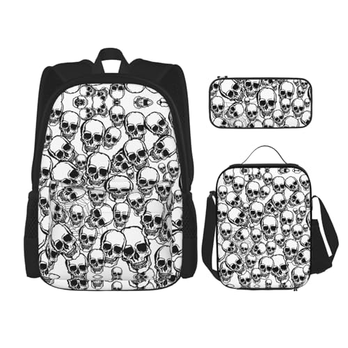 Black And White Skulls Pattern Print 3 Piece Set Backpack, Lunch Bag, Pencil Case, Cute Sturdy For College And Travel