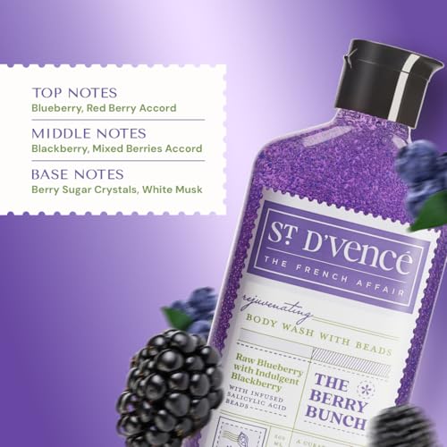 Image of St. D'vence Berry Bunch Salicylic Acid Body Wash Shower Gel for Women & Men with Blueberry & Blackberry | Paraben & SLS Free | Gentle Exfoliating Bodywash | Body Wash for Winter - 300 ml