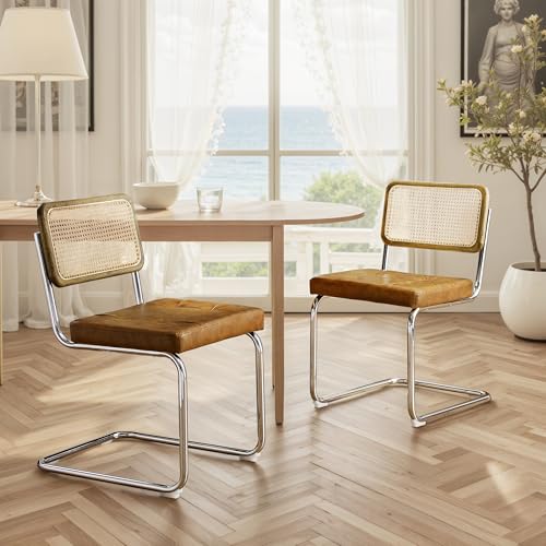 Zouron Esszimmerstühle Rattan Stuhl Schwingstühle 2er Set - mit Eichenholz Kunstleder Küchenstuhl Freischwinger Stühle Polsterstuhl...