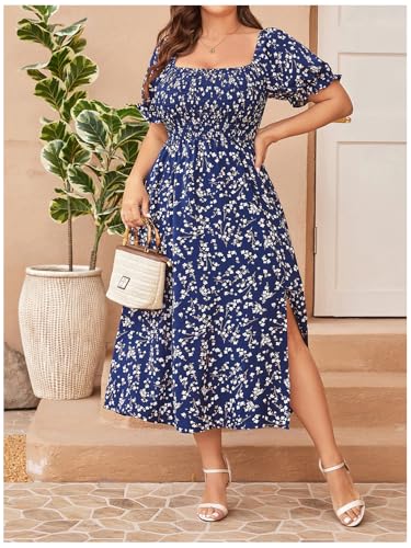 Image of Verdusa Women's Plus Size Boho Floral Long Dress Square Neck Shirred Flowy Wedding Guest Dresses