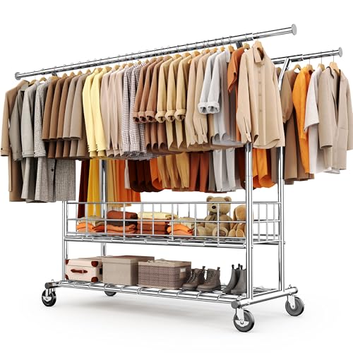 HOKEEPER Schwerlast Kleiderständer auf Rollen, Doppelter Kleiderstange, bis 283 kg belastbar, Industrie-Design, Garderobenständer mit Ablage& Wäschekorb,ausziehbare Länge und Höhe,Chorm