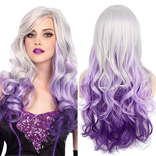 Long Curly Wavy Silver Grey to Purple Wig Side Part Natural Looki...
