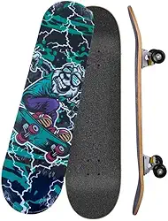 Skate Infantil Completo, 7 Lâminas de Madeira, Design Radical com Arte em Verde e Preto, Montado com Lixa para Iniciantes