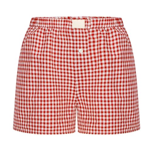 Image of GGOOB Gingham Boxer Shorts for Women Trendy Summer Y2k Low Rise Lounge Shorts Coquette Pajama Shorts Preppy Clothes (Red Gingham,S,Small)