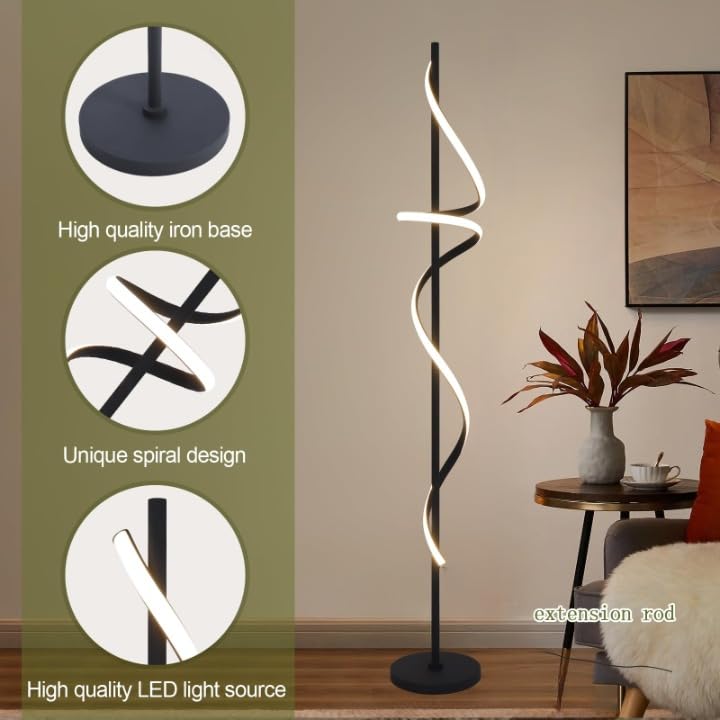 Image of Decor Chronicle Black Modern Floor Lamp, Spiral Rod Design with 3 LED Modes (Warm, Neutral, Cool), Elegant Standing Lamp for Bedroom, Living Room, or Home Interior