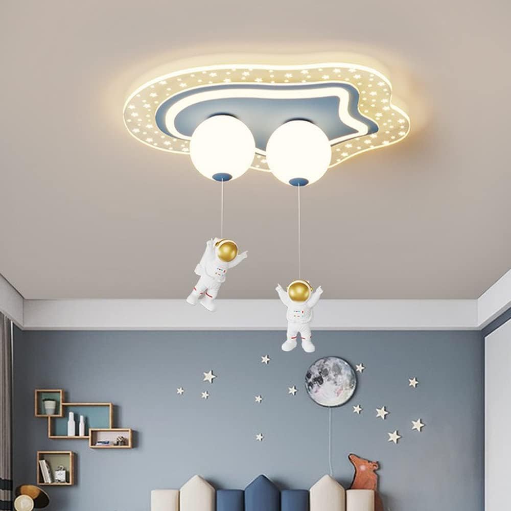 Dimmable LED Ceiling Light Astronaut Kids Flush Mount Ceiling Light Fixtures for Girls Boys Room 42W Acrylic Planet Blue White Bedroom Ceiling Light Chandelier for Children Nursery Room