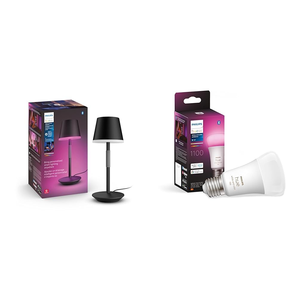 Philips White and Color Ambiance, lampe à poser portable Hue Go Portable, compatible Bluetooth & White and Color Ambiance, ampoule LED connectée E27, Equivalent 75W, 1100 lumen