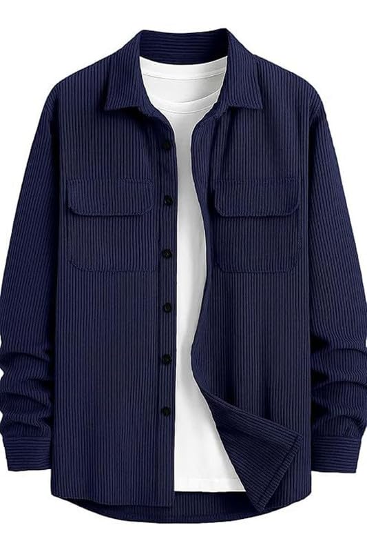 Image of DEELMO Men's Full Sleeve Corduroy Shirt | Stylish Textured Casual Button-Down Shacket for Autumn Winter | Dual Pocket Front Design | Ideal for Layering and Daily Outfits