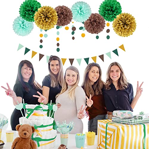 Image of Sage Green Gold Party Decorations - 30pcs Hanging Decoration Birthday Party Tissue Paper Flowers Wedding Pennant Banner Neutral Baby Shower Circle Dots Garland Engagement Tassel Bridal Shower Decor