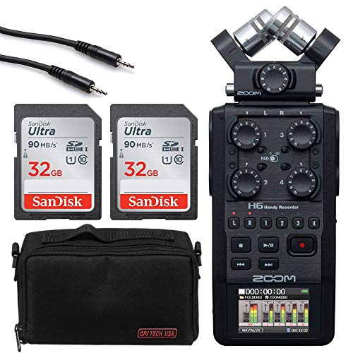Zoom H6 All Black 6-Input /6-Track Portable Handy Recorder with Single Mic Capsule (Black) + 2x 32GB Ultra SDHC Memory Card + Stereo Mini Male to Stereo Mini Male Cable + Op/Tech Accessory Pack-8 Inch
